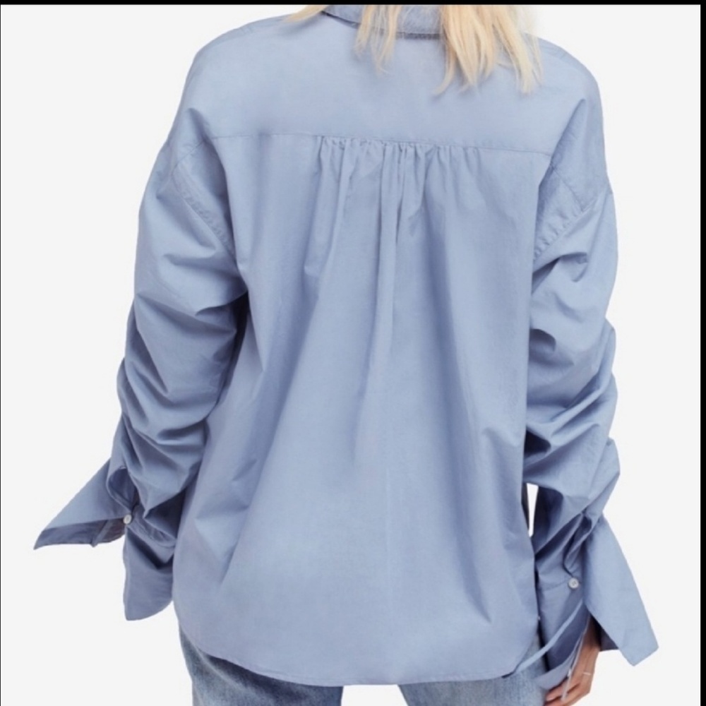 Free People Button Front Long Sleeves Drawstring Cotton Oversized Blue S NWT - Picture 6 of 8